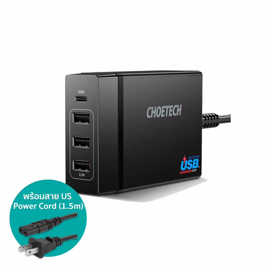 หัวชาร์จ Choetech รุ่น 4-Port Desktop Charger PD72W และสาย 1.5m US Power Cord (PD72-1C3U) - สีดำ