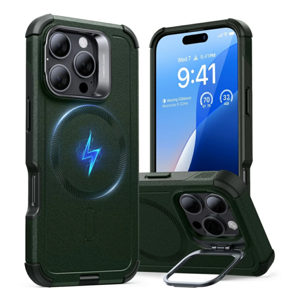 ESR รุ่น Cyber Armor Case with Stash Stand (HaloLock) - เคส iPhone 16 Pro - สี Green