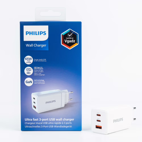 Philips หัวชาร์จ รุ่น PD65W อะแดปเตอร์ 3 พอร์ต ชาร์จไว PD QC 3.0 GaN - สี White - Image 2