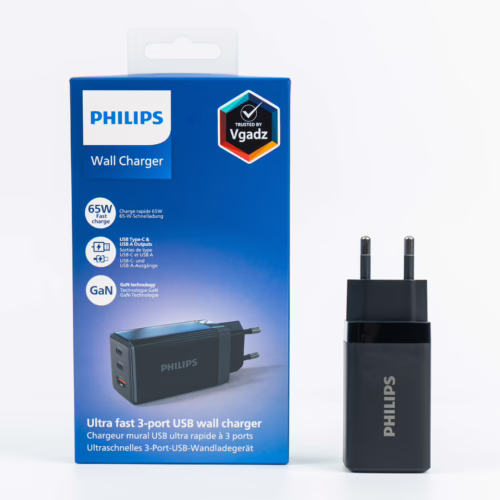 Philips หัวชาร์จ รุ่น PD65W อะแดปเตอร์ 3 พอร์ต ชาร์จไว PD QC 3.0 GaN - สี Black - Image 2