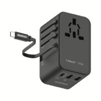 Momax หัวชาร์จ+หัวแปลงปลั๊กไฟ รุ่น 1-World Travel Adapter 3-Port กำลังไฟ 70W ชาร์จไว GaN พร้อมสาย USB-C ในตัว - สี Black