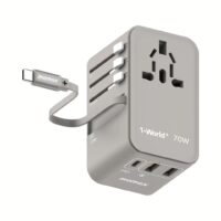 Momax หัวชาร์จ+หัวแปลงปลั๊กไฟ รุ่น 1-World Travel Adapter 3-Port กำลังไฟ 70W ชาร์จไว GaN พร้อมสาย USB-C ในตัว - สี Grey