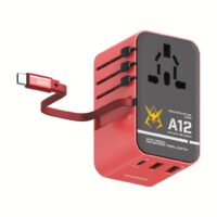 Momax หัวชาร์จ+หัวแปลงปลั๊กไฟ รุ่น 1-World Travel Adapter 3-Port กำลังไฟ 70W ชาร์จไว GaN พร้อมสาย USB-C ในตัว - ลาย MS-06S-Red
